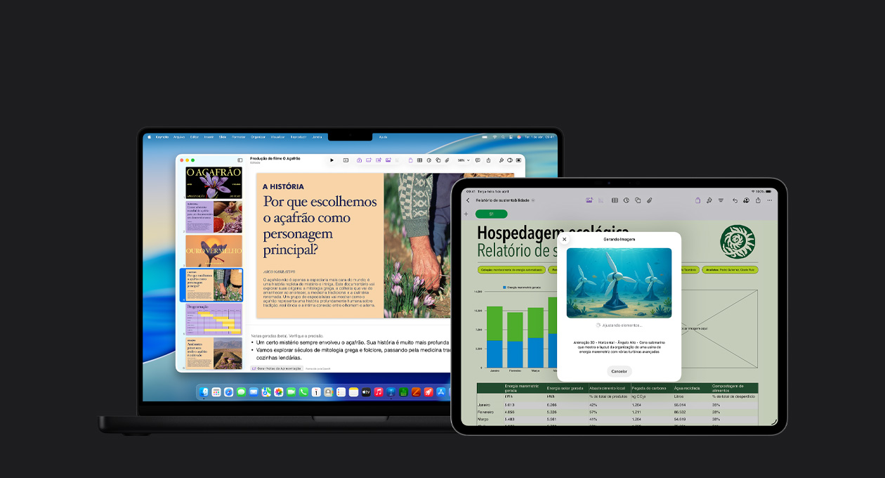 Tela do iPad Pro de 13 polegadas, slide de um relatório com gráficos e tabelas. Tela do MacBook Pro de 16 polegadas mostrando uma apresenta??o do Keynote com vários slides à esquerda e notas do apresentador geradas na parte inferior