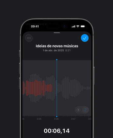 Tela do iPhone 16, Gravador do Logic Pro, grava??o em vermelho, ondas sonoras, bot?o de reprodu??o, nova ideia de música, data e dura??o