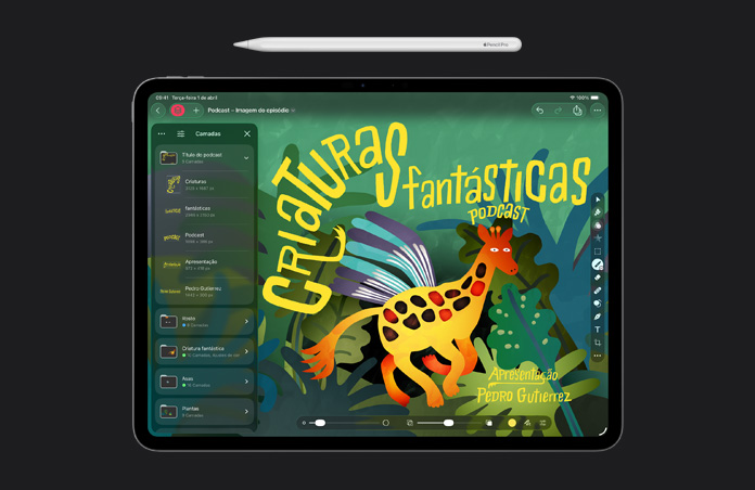 Apple Pencil, tela do iPad Pro de 13 polegadas, Pixelmator Pro, ilustra??o da capa de um episódio de podcast, ferramentas de sobreposi??o