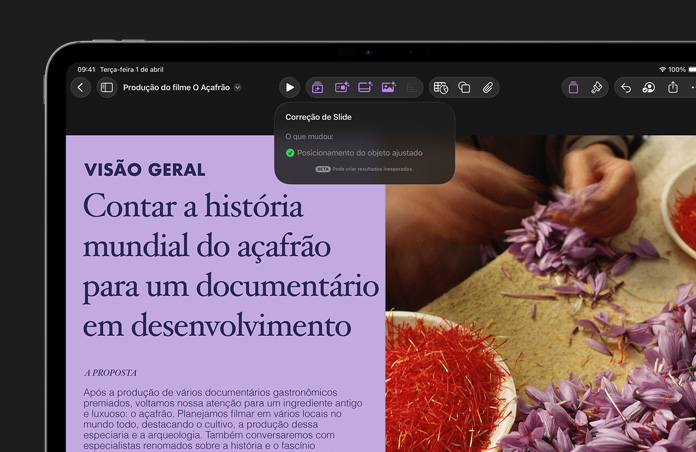Tela do iPad Pro de 13 polegadas, interface do Keynote, um slide roxo de vis?o geral, recurso limpar slide