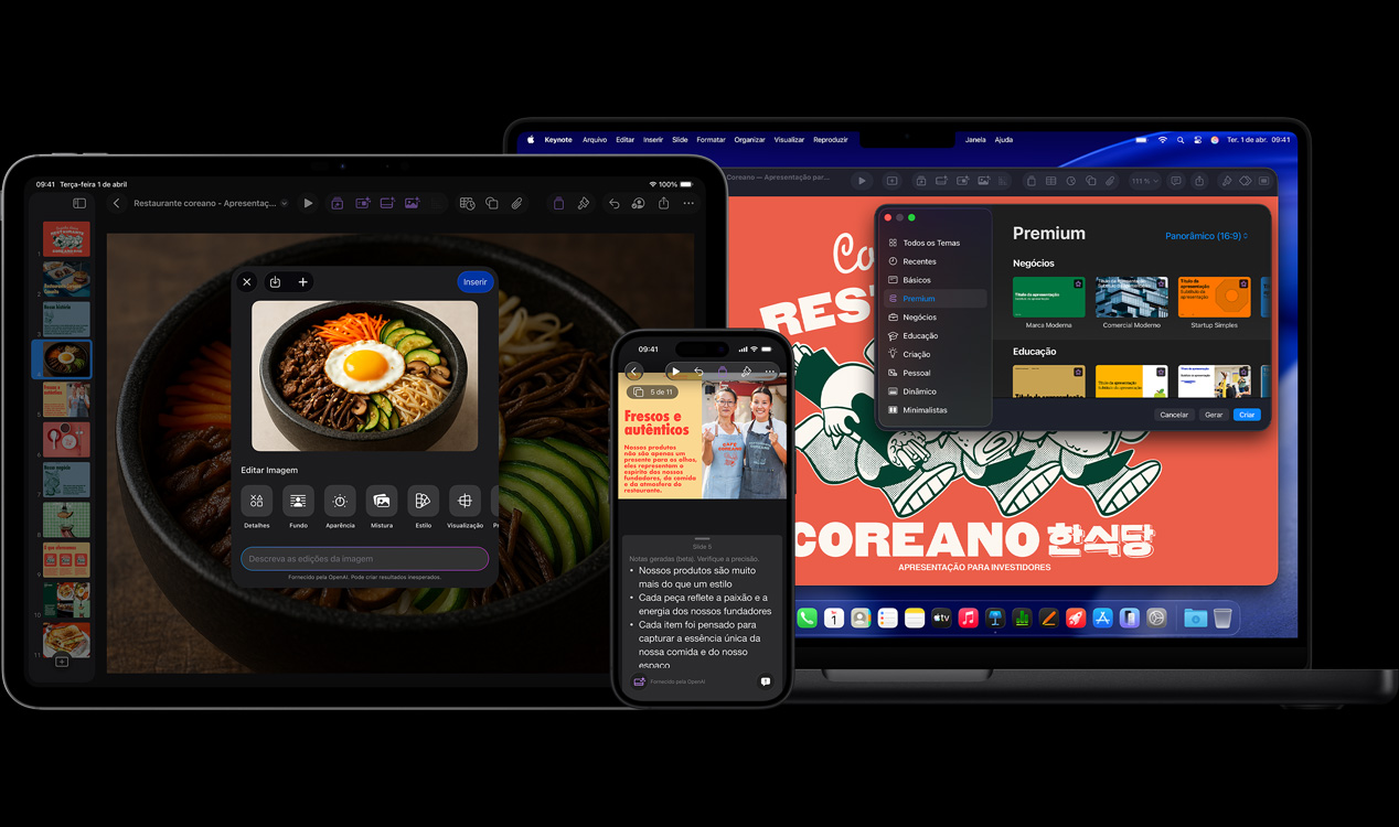 A tela do iPad Pro de 13 polegadas mostra o Keynote com uma imagem generativa de uma tigela de legumes e um ovo frito. A tela do iPhone 16 mostra o Keynote com a foto de duas mulheres e notas de apresenta??o. A tela do MacBook Pro de 16 polegadas mostra o Keynote com uma apresenta??o com a janela Tema aberta