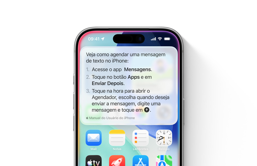 Imagem de um iPhone com orienta??es passo a passo sobre como programar uma mensagem de texto para enviar mais tarde.
