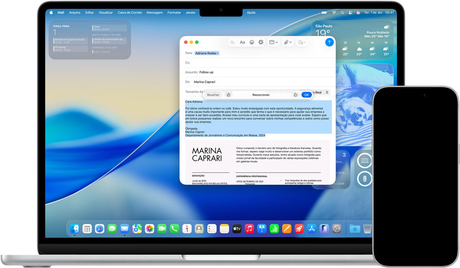 Mac mostrando as Ferramentas de Escrita e iPhone mostrando mensagens com Tradu??o ao Vivo
