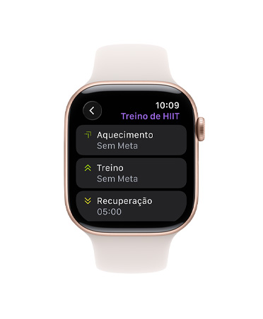 Apple Watch Series 11 com caixa cor de ouro rosa de alumínio e pulseira esportiva blush-clara, app Exercício, cart?o de Exercício Personalizado