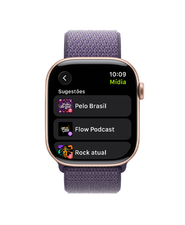 Apple Watch Series 11, cor de ouro rosa, caixa de alumínio, Apple Music, sugest?es de músicas e podcasts, lateral direita, Digital Crown, pulseira loop esportiva roxo-névoa