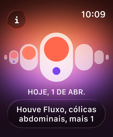 Acompanhamento de Ciclo no app Saúde, com pontos laranjas e roxos destacando diferentes sintomas da menstrua??o.