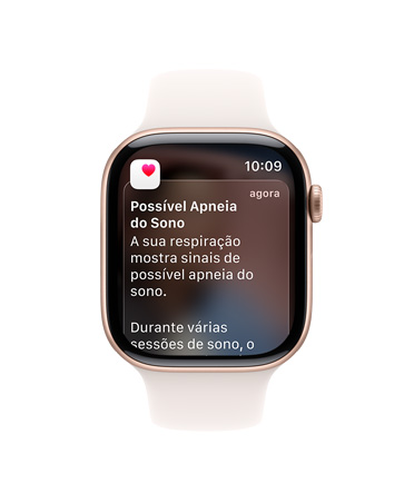 Apple Watch Series 11 com caixa de alumínio na cor ouro rosa, notifica??o expandida de apneia do sono, lateral direita, Digital Crown, pulseira esportiva blush-clara