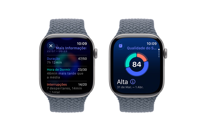 Apple Watch Series 11, cor cinza-espacial, caixa de alumínio, notifica??o de pontua??o de sono, lateral direita, Digital Crown, pulseira loop solo tran?ada azul-ancora