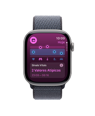 Apple Watch Series 11 com caixa de alumínio cinza-espacial, app Sinais Vitais, gráfico de pontua??o de saúde, notifica??o de valores atípicos de sinais vitais noturnos, lateral direita, Digital Crown, pulseira loop esportiva cinza-escura