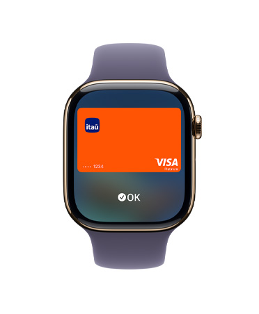 Apple Watch Series 11 com caixa dourada de titanio e pulseira esportiva roxo-névoa, Apple Pay, Digital Crown no lado direito