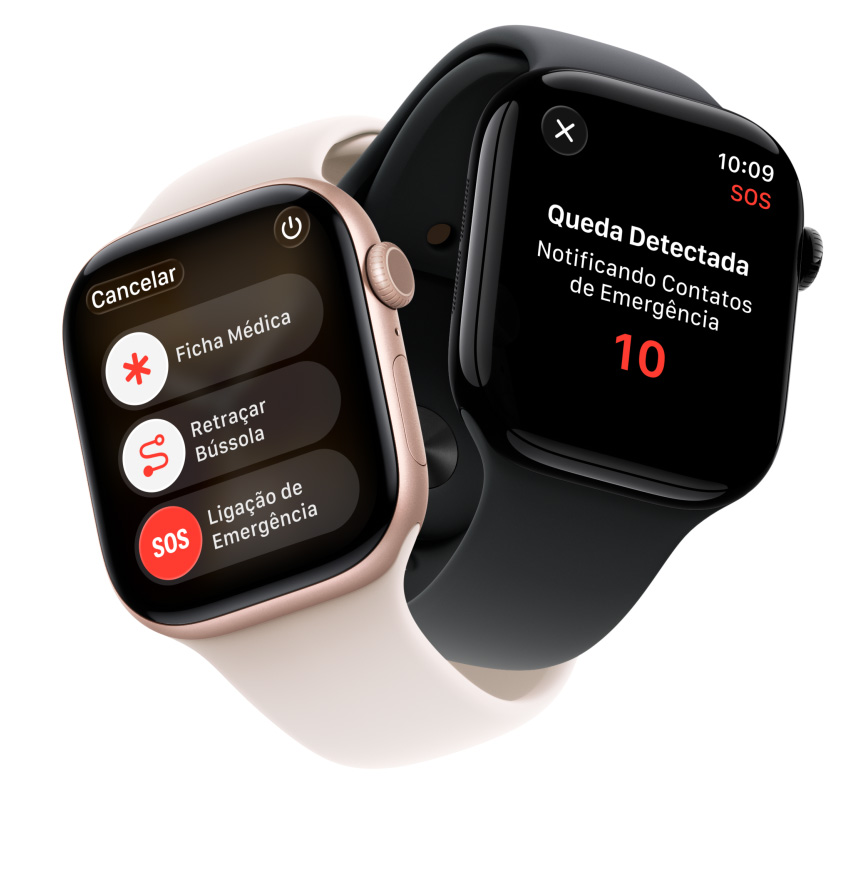Vários aparelhos Apple Watch Series 11 se entrela?am, mostradores com caixa de alumínio, cores ouro rosa e preto brilhante, recursos de seguran?a: Ficha Médica, Retra?ar Bússola, Liga??o de Emergência, pulseiras esportivas, cores blush-clara e preta, anima??o