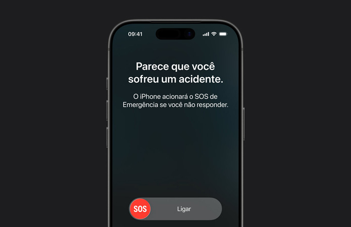 Parte da frente do iPhone 17 Pro, mostrando os cantos arredondados e o recurso Detec??o de Acidente em uso