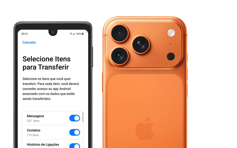 Imagem lado a lado de um aparelho Android com o app Migrar para iOS e um iPhone 17 Pro mostrando a parte de trás, o sistema de camera Fusion Pro, as três lentes, o microfone e o flash.