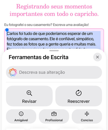 O recurso Ferramentas de Escrita está em uso com as op??es Revisar, Reescrever, Amigável, Profissional e Conciso