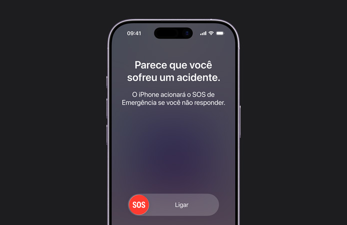 Parte da frente do iPhone 17, mostrando os cantos arredondados e o recurso Detec??o de Acidente em uso