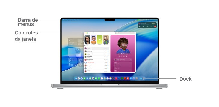 Uma vis?o geral da navega??o do macOS, como a barra de menus na parte superior da tela do MacBook, controles da janela e o Dock.