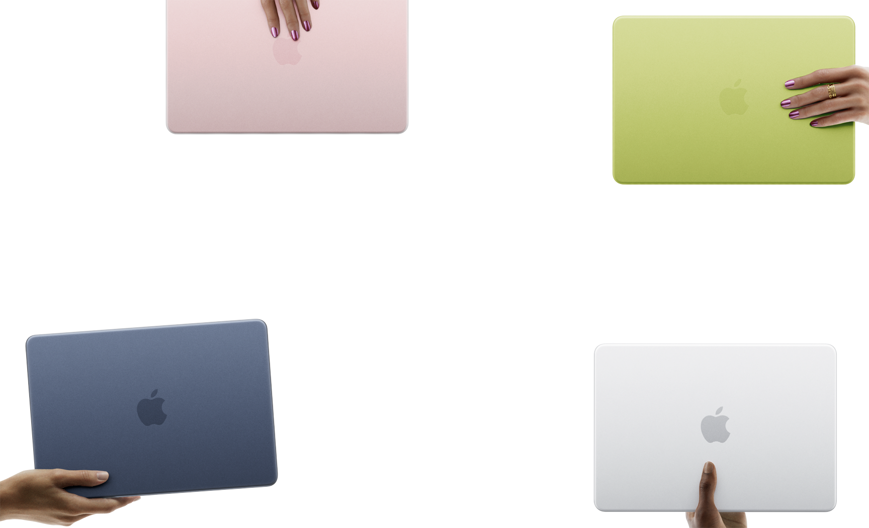 Quatro notebooks MacBook Neo nas cores blush, amarelo-cítrica, índigo e prateada, cada um na m?o de uma pessoa diferente