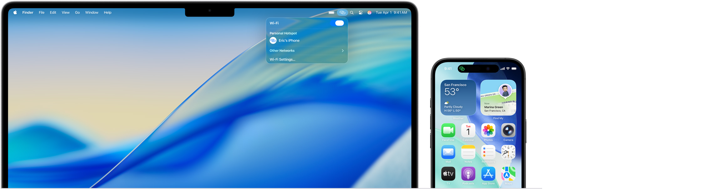 MacBook Pro de 14 polegadas com a Central de Controle aberta na barra de menus, o Acesso Pessoal mostra uma conex?o com o iPhone de Eric, iPhone 16 com o indicador de Acesso Pessoal verde no canto superior esquerdo da tela