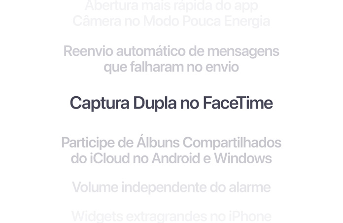 Lista vertical de recursos, com “Melhores sugest?es de busca do Spotlight” em negrito no centro. Os recursos acima e abaixo aparecem esmaecidos ao fundo