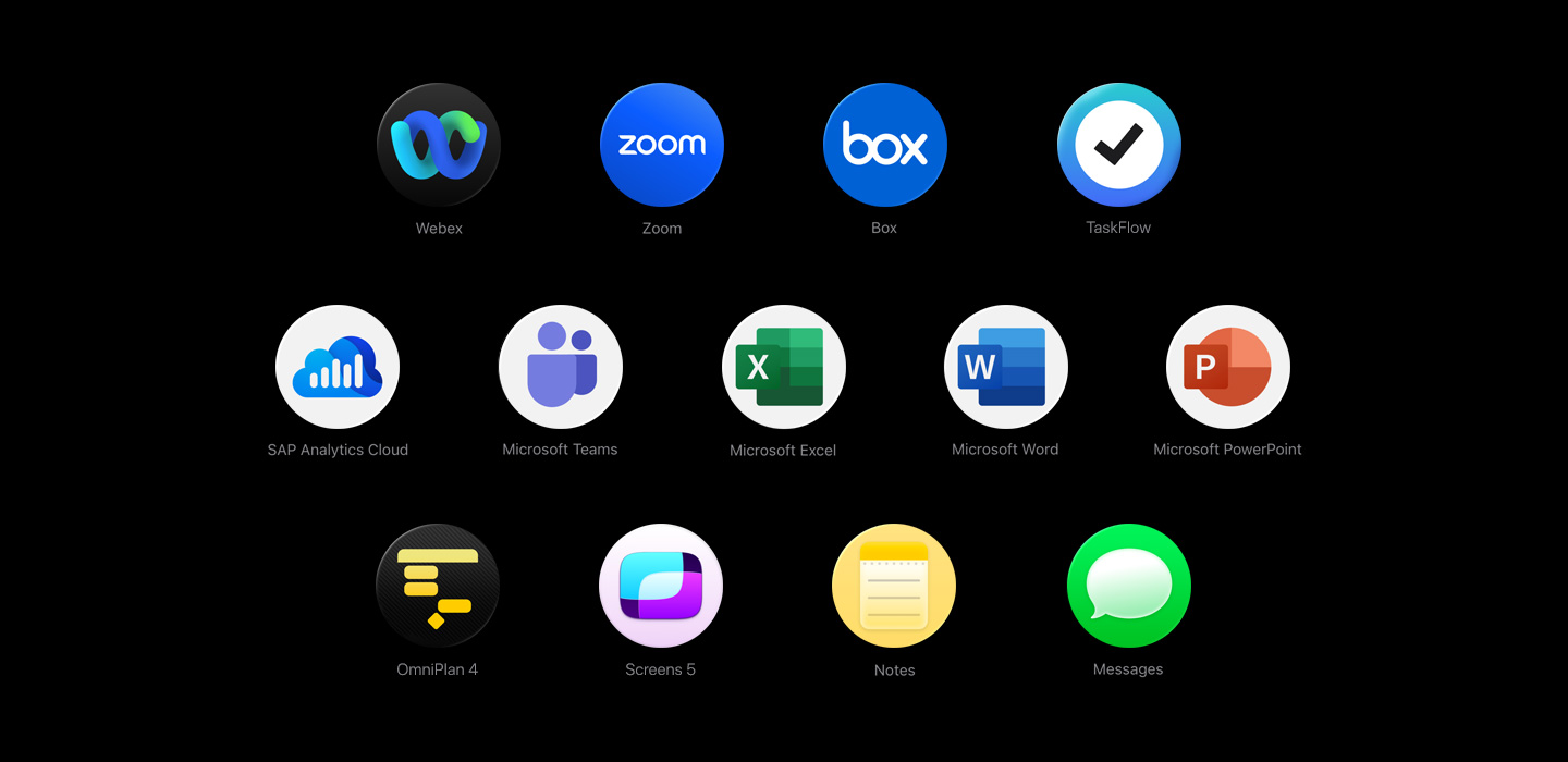 Plusieurs ic?nes d’apps dispersées, dont celles de Webex, Zoom, Box, TaskFlow, SAP Analytics Cloud, Microsoft Teams, Microsoft Excel, Microsoft Word, Microsoft PowerPoint, OmniPlan 4, Screens 5, Notes et Messages