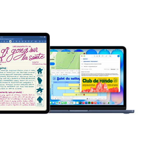 écran d’iPad affichant Goodnotes, écran de Mac affichant plusieurs apps utilisées en même temps