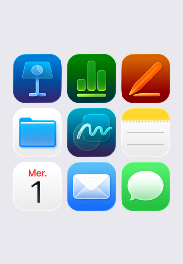 Ic?nes d’apps Apple, disposées en grille 3 x 3, dont : Keynote, Numbers, Pages, Fichiers, Notes et Calendrier.