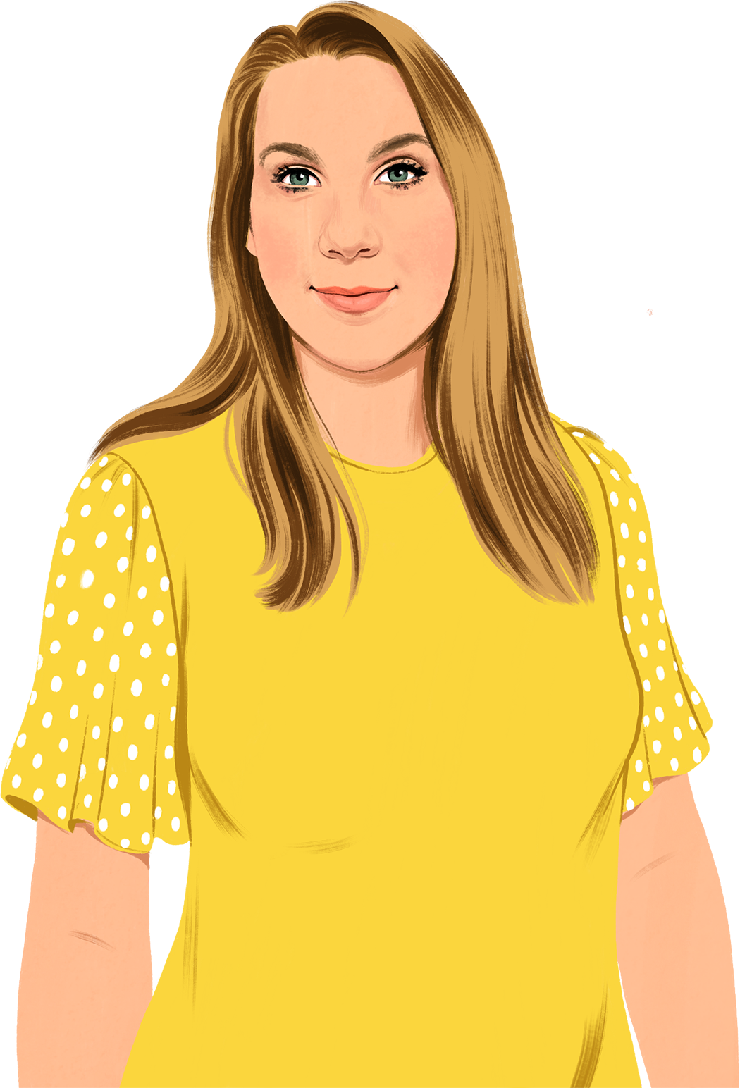 Portr?ttegning af Jennifer, der smiler og ser p? l?seren – tegnede gr?nne blade dukker op.