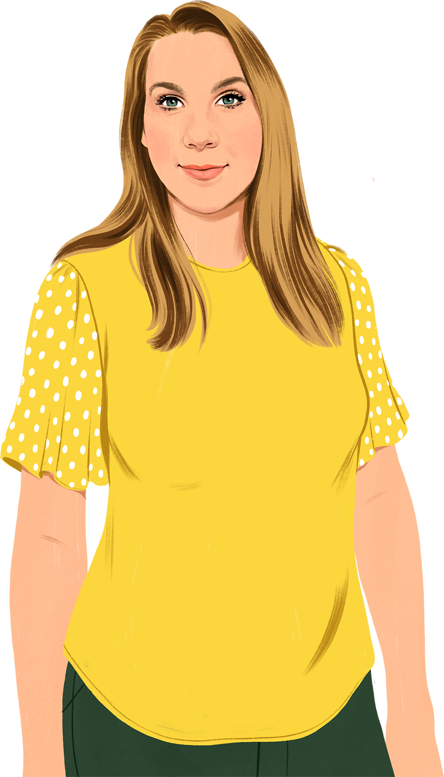 Portr?ttegning af Jennifer, der smiler og ser p? l?seren – tegnede gr?nne blade dukker op.