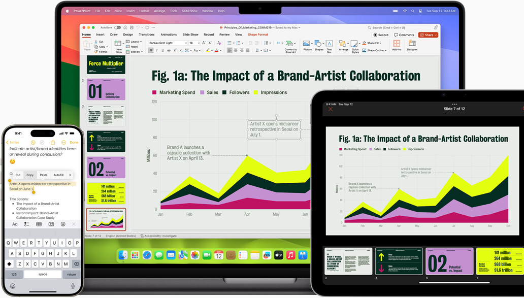 Aplikace Poznámky a Microsoft PowerPoint otev?ené na iPhonu, MacBooku a iPadu