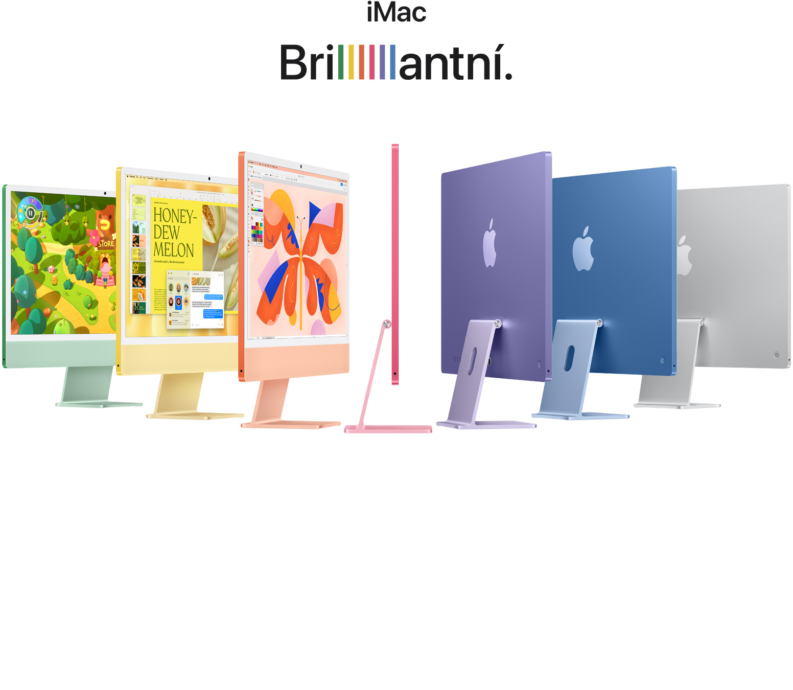Sedm iMac? v?r?znych barvách (zeleny, ?luty, oran?ovy, r??ovy, fialovy, modry, st?íbrny) uspo?ádanych jako harmonika