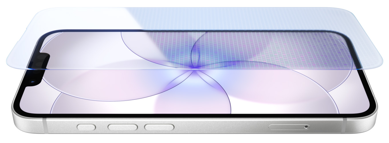 iPhone 17e, p?ední strana se Ceramic Shieldem 2, pohled z boku, bílá barva, ak?ní tla?ítko, tla?ítka ovládání hlasitosti