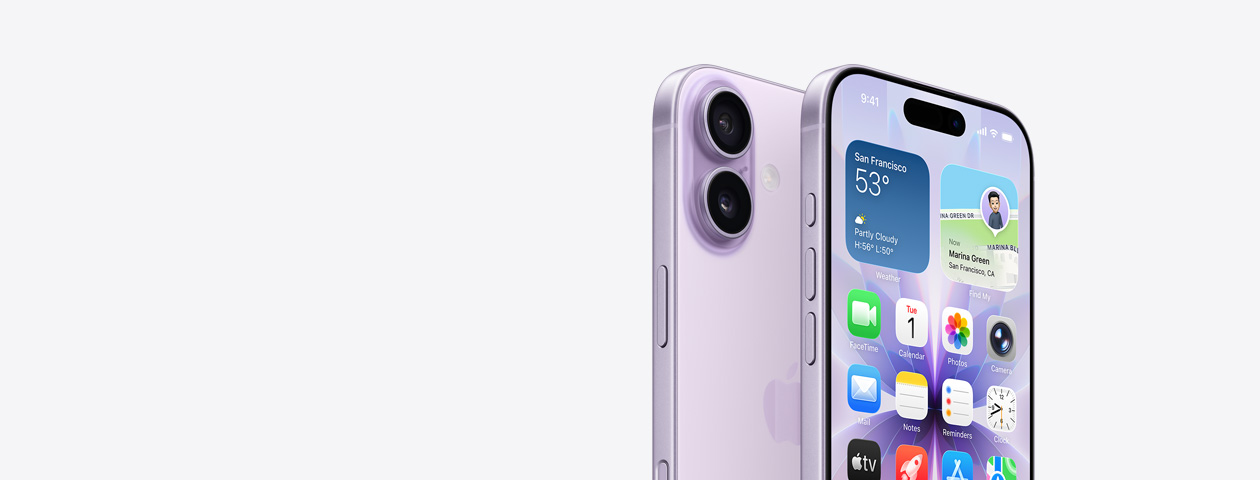 ?ikmy pohled zep?edu na levandulovy iPhone 17, je vidět ?ást plochy a na boku ak?ní tla?ítko a tla?ítka hlasitosti. ?ikmy pohled zezadu, v levém horním rohu dvojitá Fusion fotosoustava, na boku ovlada? fotoaparátu
