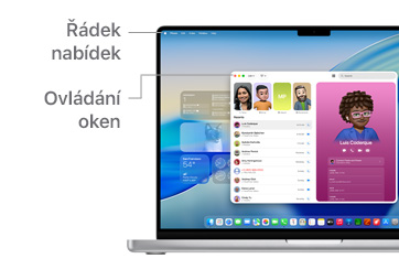 Ukázka navigace macOS na 14palcovém MacBooku Pro; ?ára znázorňuje umístění Docku.