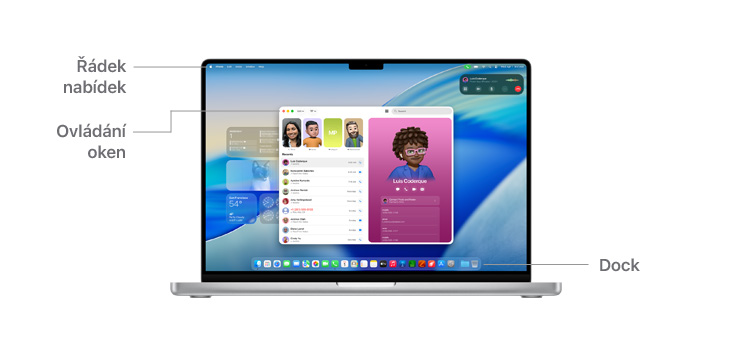 Prohlídka navigace macOS jako je ?ádek nabídek a Ovládání oken na obrazovce ?trnáctipalcového MacBooku Pro.