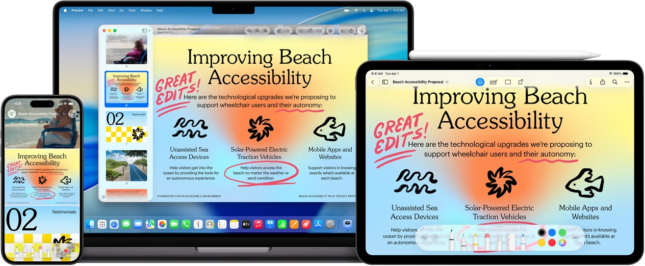 Několik za?ízení Apple, stejny obrázek na v?ech za?ízeních, na iPadu byly do obrázku doplněny anotace Apple Pencilem, anotace se projeví i na ostatních za?ízeních