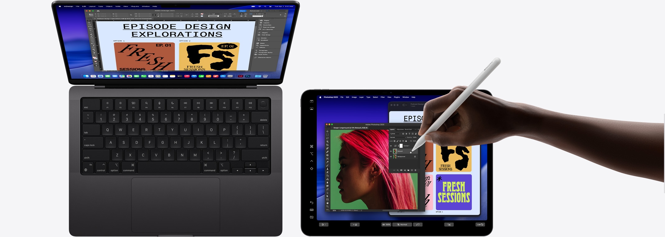 14palcovy MacBook Pro, 13palcovy iPad Pro pou?ívany na roz?í?ení displeje MacBooku, ruka pomocí Apple Pencilu Pro manipuluje s obrázkem na iPadu
