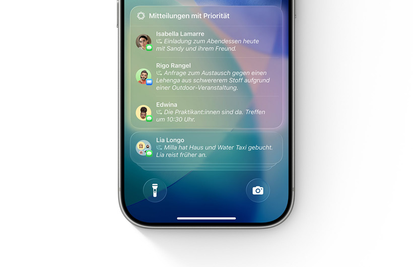 Das iPhone mit dem aktivierten Fokus für Mitteilungen reduzieren zeigt eine Mitteilung, die als ?M?glicherweise wichtig“ markiert wurde.