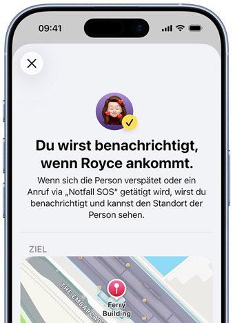 Ein iPhone Display zeigt eine Best?tigung, dass eine ?Wo ist?“ Mitteilung eingerichtet wurde. Der Text lautet ?Du wirst benachrichtigt, wenn Pedro eintrifft“, die Karte mit gepinntem Standort befindet sich am unteren Rand des Displays