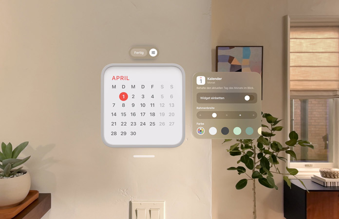 Kalender Widget für 1. April schwebt an der Wand, Widget für Erinnerung darüber, auf der rechten Seite, Optionen für Personalisierung zur ?nderung der Rahmendicke und -farbe