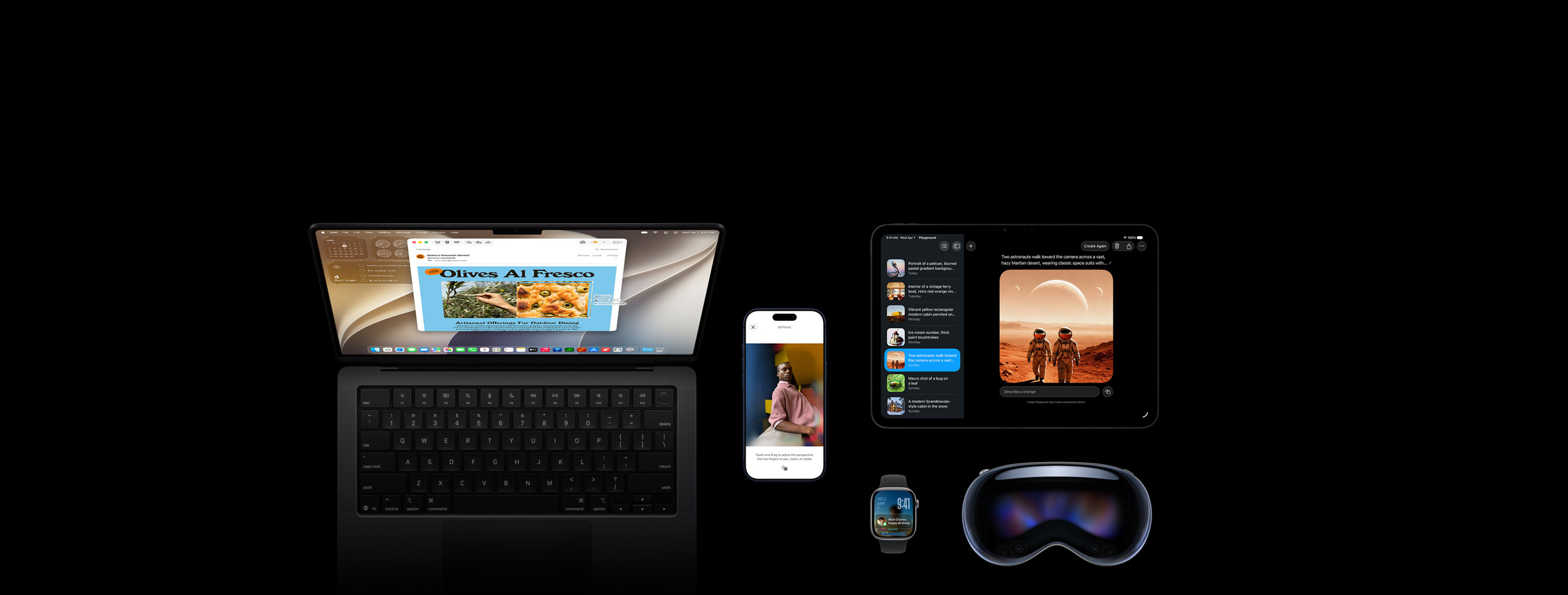 Fünf Produkte: Das iPhone 17 Pro in Tiefblau zeigt das Feature zum Bearbeiten von Fotos mit einem Bild einer Person, die sich gegen eine Theke lehnt, Apple Watch Series 11, 46 mm, Space Grau, zeigt das Datum und den Sperrbildschirm mit einer Erinnerung an einen Geburtstag im Smart Stapel, das 14 Zoll MacBook Pro, Space Schwarz, zeigt eine Demo zur Visuellen Intelligenz mit einem Bildschirmfoto einer Oliven-Focaccia aus einer E?Mail und mehreren Anfragen zum Bild, und  das 11 Zoll iPad Pro, Space Schwarz, zeigt Image Playground mit dem Bild von zwei Astronauten, das aus einer Liste in der Seitenleiste ausgew?hlt wurde, Apple Vision Pro, Vorderansicht