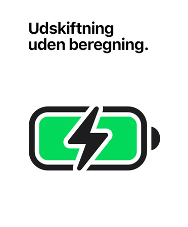 Udskiftning uden beregning st?r skrevet over et ikon af et opladet batteri