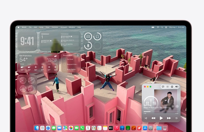 MacBook Neo ekraanil on ranniku??rse katuseterrassi taustapilt ja erinevad vidinad nagu Music, Calendar, Weather ja Reminders