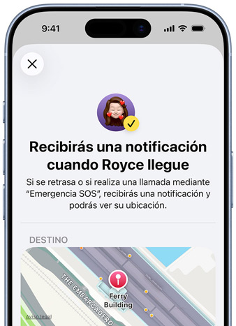 La pantalla de un iPhone muestra una confirmación de que se ha configurado una notificación de Buscar. El texto dice ?Recibirás una notificación cuando Pedro llegue? y en la parte inferior de la pantalla aparece un mapa con la ubicación establecida.