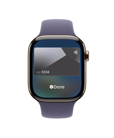 Apple Watch Series 11 med urkasse av gullfarget titan, Apple Pay, h?yre side, Digital Crown, Sport Band i lilla dis