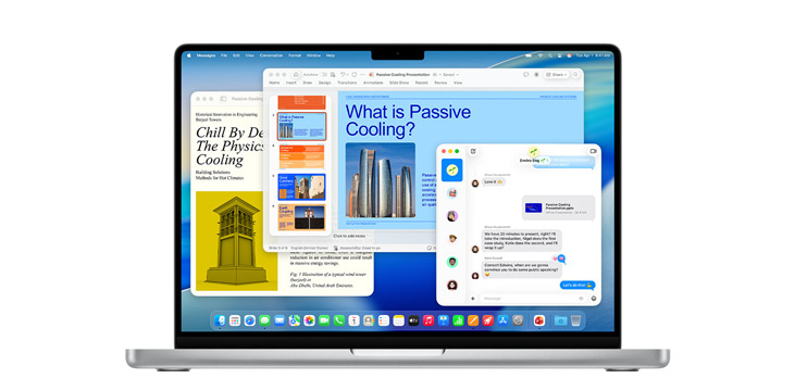 Demonstration af apps som Microsoft PowerPoint, Beskeder og Pages p? 14" MacBook Pro.