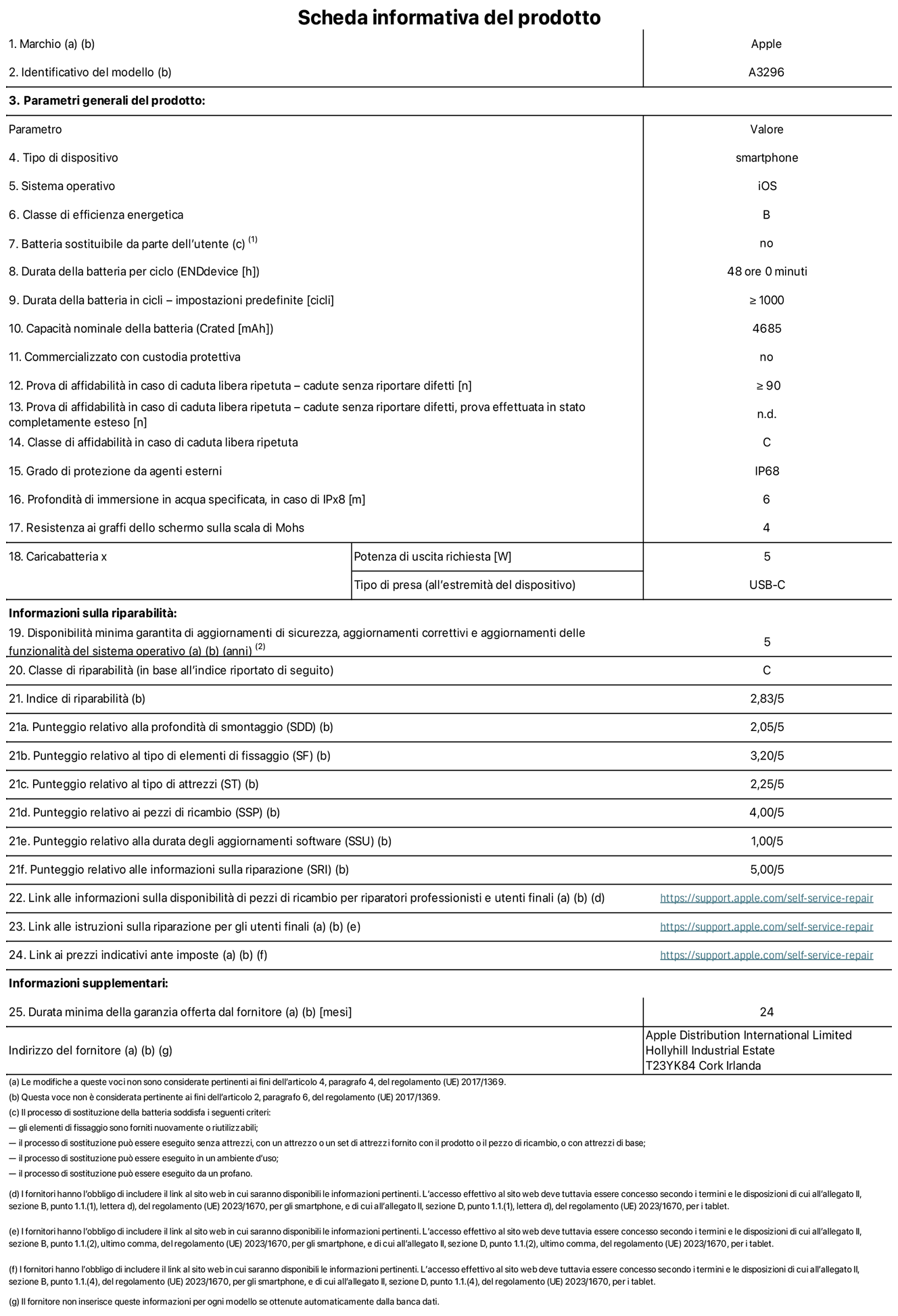 Scheda informativa del prodotto per iPhone 16 Pro Max, modello A3296. Fornito da Apple Distribution International Limited, Hollyhill Industrial Estate, T23 YK84 Cork, Irlanda. Tipo di dispositivo: smartphone. Sistema operativo: iOS. Classe di efficienza energetica: B. Batteria sostituibile da parte dell’utente: no. Durata della batteria per ciclo: 48 ore. Durata della batteria in cicli (impostazioni predefinite): maggiore o uguale a 1000. Capacità nominale della batteria: 4685 mAh. Commercializzato con custodia protettiva: no. Prova di affidabilità in caso di caduta libera ripetuta (cadute senza riportare difetti): maggiore o uguale a 90. Prova di affidabilità in caso di caduta libera ripetuta (cadute senza riportare difetti, prova effettuata in stato completamente esteso): non disponibile. Classe di affidabilità nel caso di caduta libera ripetuta: C. Grado di protezione da agenti esterni: IP68. Profondità di immersione in acqua specificata, in caso di IPx8: 6 metri. Resistenza ai graffi dello schermo sulla scala di Mohs: 4. Potenza di uscita richiesta per il caricabatterie: 5W. Tipo di presa per il caricabatterie (all’estremità del dispositivo): USB-C. Disponibilità minima garantita di aggiornamenti di sicurezza, aggiornamenti correttivi e aggiornamenti delle funzionalità del sistema operativo: 5 anni. Classe di riparabilità: C. Indice di riparabilità: 2,83 su 5. Punteggio relativo alla profondità di smontaggio (SDD): 2,05 su 5. Punteggio relativo al tipo di elementi di fissaggio: 3,20 su 5. Punteggio relativo al tipo di attrezzi: 1,00 su 5. Punteggio relativo ai pezzi di ricambio: 4,00 su 5. Punteggio relativo alla durata degli aggiornamenti software: 1,00 su 5. Punteggio relativo alle informazioni sulla riparazione: 5,00 su 5. Link alle informazioni sulla disponibilità di pezzi di ricambio per riparatori professionisti e utenti finali: https://support.apple.com/self-service-repair. Link alle istruzioni sulla riparazione per gli utenti finali: https://support.apple.com/self-service-repair. Link ai prezzi indicativi ante imposte: https://support.apple.com/self-service-repair. è prevista una garanzia generale di 12 mesi.