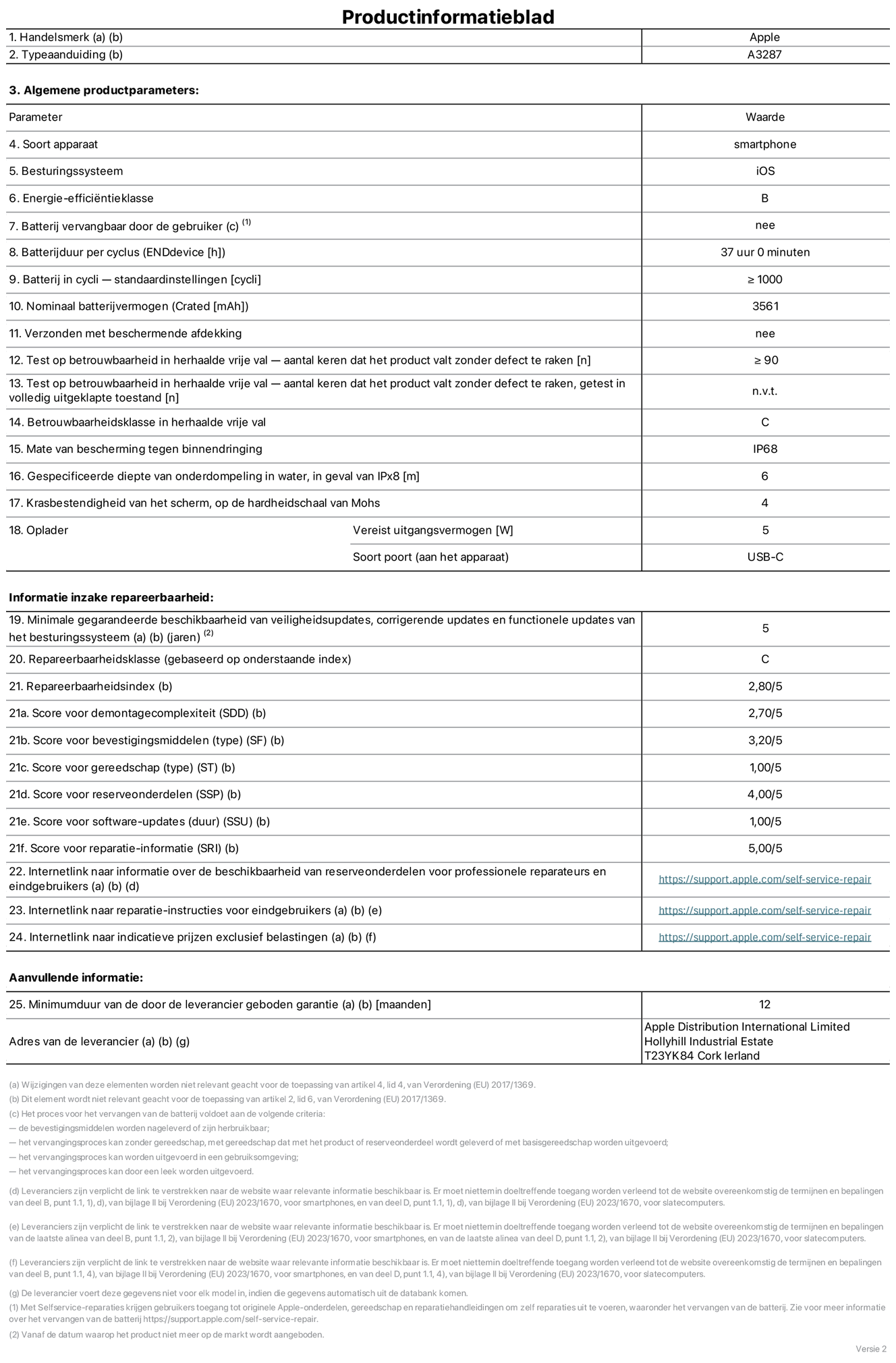 Productinformatieblad voor iPhone 16, model A3287. Verstrekt door Apple Distribution International Limited, Hollyhill Industrial Estate. Cork, Ierland T23 YK84. Type device: smartphone. Besturingssysteem: iOS. Energie-effici?ntieklasse: B. Batterij door de gebruiker te vervangen: nee. Batterijduur per cyclus: 37 uur. Batterijduur in cycli, standaardinstellingen: ≥ 1000. Nominale batterijcapaciteit: 3561 mAh. Geleverd met beschermhoes: nee. Herhaalde betrouwbaarheidstest voor vrije val, valt zonder defect: ≥ 90. Herhaalde betrouwbaarheidstest voor vrije val, valpartijen zonder defect getest in volledig verlengde staat: niet van toepassing. Herhaalde vrije val in betrouwbaarheidsklasse: C. Beschermingsklasse: IP68. Gespecificeerde dompeldiepte van water, in het geval van iPx8: 6. Krasbestendigheid van het scherm op de hardheidsschaal van Mohs: 4. Uitgangsvermogen vereist voor oplader: 5W. Type opladeraansluiting (aan het uiteinde van het apparaat): USB-C. Minimale gegarandeerde beschikbaarheid van beveiligingsupdates van het besturingssysteem, corrigerende updates en functionaliteitsupdates: 5 jaar. Herstelbaarheidsklasse: C. Herstelbaarheidsindex: 2,80/5. Score demontagediepte (SDD): 2,70/5. Score sluitingen: 3,20/5. Gereedschapsscore: 1,00/5. Reservedeelscore: 4,00/5. Score software-updates: 1,00/5. Score reparatiegegevens: 5,00/5. Weblink naar informatie over de beschikbaarheid van reserveonderdelen voor professionele reparaties en eindgebruikers: https://support.apple.com/self-service-repair. Weblink voor reparatie-instructies voor eindgebruikers: https://support.apple.com/self-service-repair. Weblink naar indicatieve prijzen vóór belasting: https://support.apple.com/self-service-repair. Inclusief 12 maanden algemene garantie.