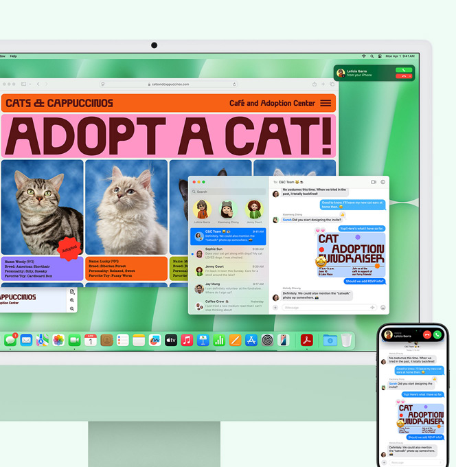 Ein iMac in Grün und ein iPhone nebeneinander. Auf dem iMac Display wird eine Mitteilung über einen eingehenden iPhone Anruf gezeigt. Auf beiden Ger?ten wird die Nachrichten App mit identischen Textunterhaltungen gezeigt