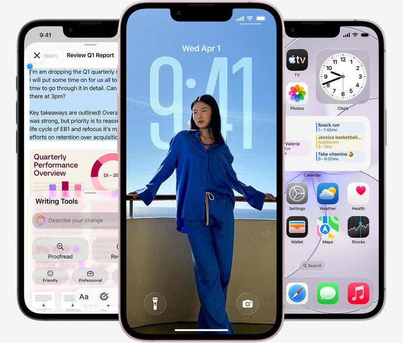 Drei iPhone 17e Ger?te, Vorderseite, Bildschirmfoto mit Schreibtools in Aktion, der Sperrbildschirm zeigt das Foto einer Person und die Nachrichten App sendet Nachrichten über Satellit