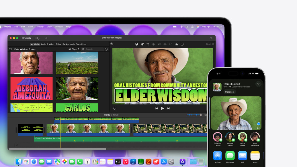MacBook Neo, couleur argent, affichant une fenêtre iMovie intitulée Elder Wisdom Project, à c?té d’un iPhone affichant la vidéo de l’une des personnes présentes dans la fenêtre iMovie, sous la vidéo se trouve une liste d’options de partage, dont AirDrop